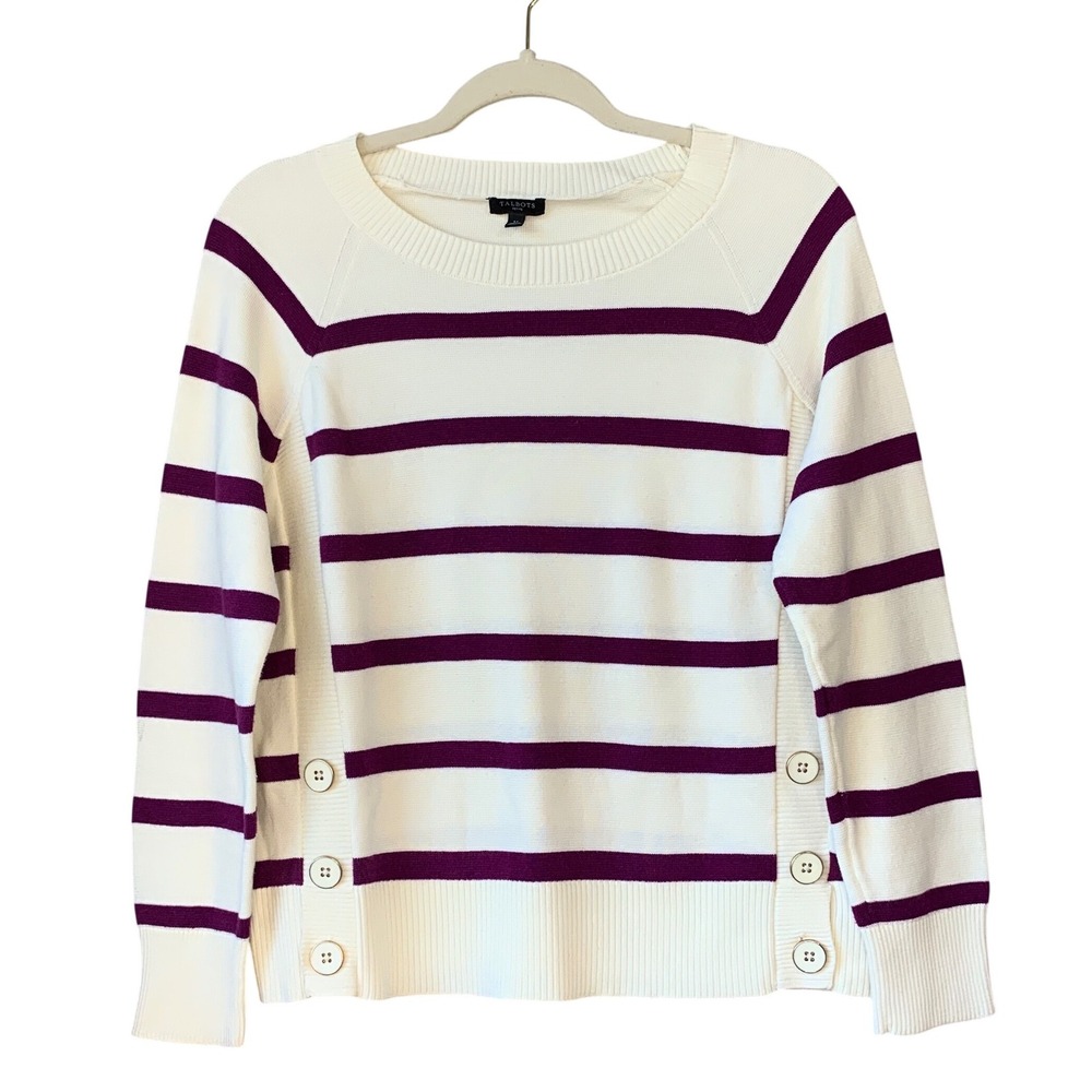 Talbots Petite Sweater Cream Purple Stripe Button Side Crew Neck Long‎ Sleeve Lp
